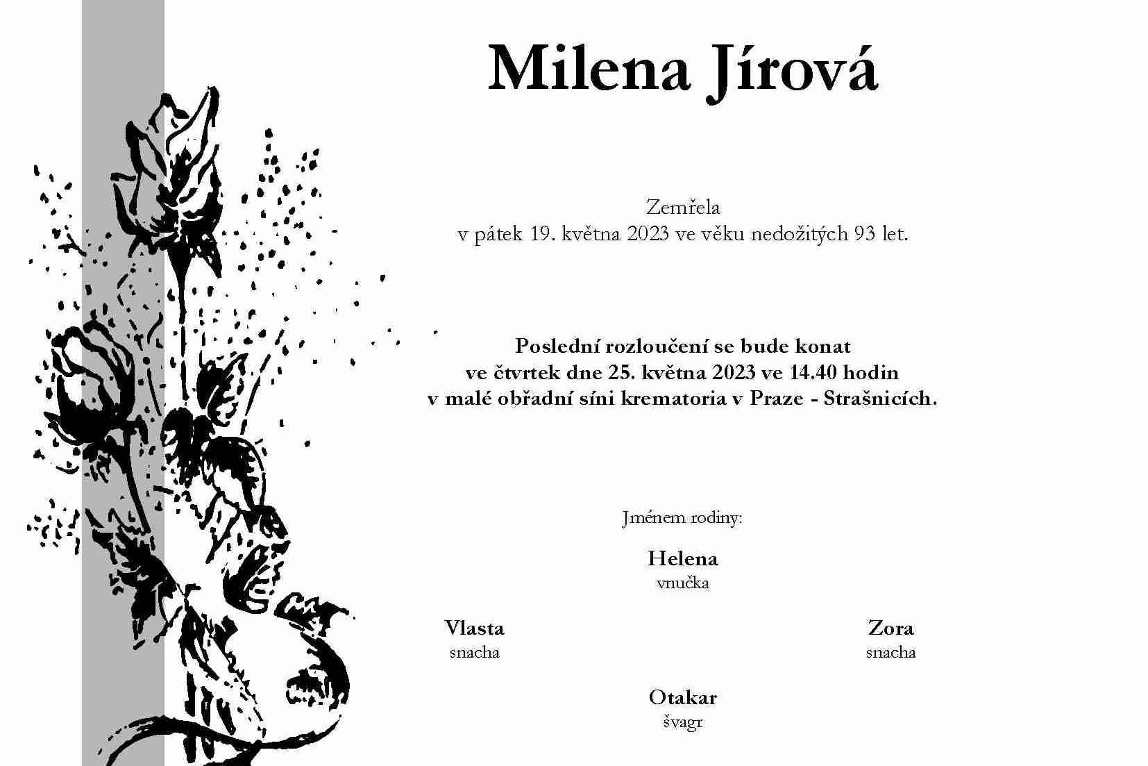 Úmrtní oznámení - Milena Jírová